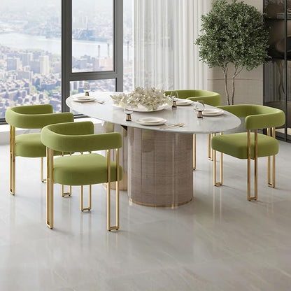 Green and Gold Modern Dining Chairs Set of 4, Velvet Upholstered Barrel Armchairs with Metal Legs for Kitchen Island, Mid Century Accent Chairs for Dining Room Living Room, Open-Back