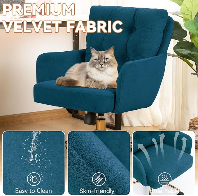 Velvet Office Chair, Comfy Home Office Desk Chairs with Lumbar Support, Modern Velvet Desk Chair Gold Legs Small Swivel Task Chair for Home Office, Bedroom, Study (Blue, L)