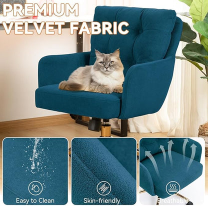 Velvet Office Chair, Comfy Home Office Desk Chairs with Lumbar Support, Modern Velvet Desk Chair Gold Legs Small Swivel Task Chair for Home Office, Bedroom, Study (Blue, L)