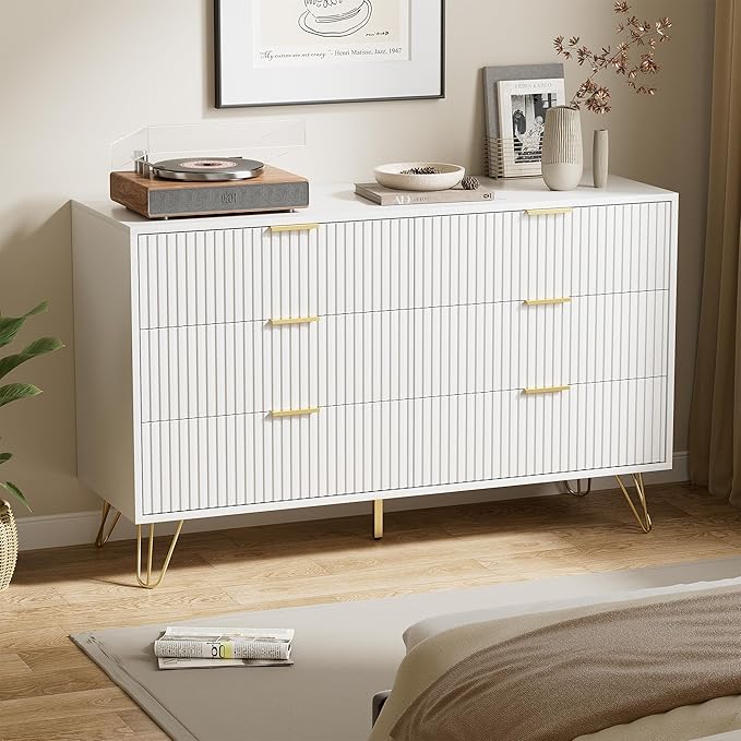 White Dresser for Bedroom, Modern Dresser with Gold Metal Handles & Chests of Drawers for Bedroom, 15.7" D x 47.2" W x 29.5" H