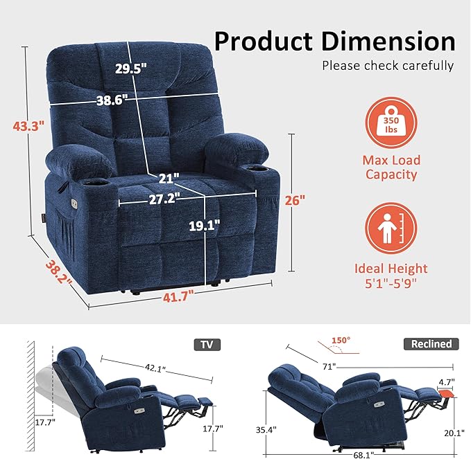 MCombo Oversized Power Lift Recliner Chair with Extended Footrest for Elderly People, Fabric R7289 (Navy Blue, Medium-Oversize)