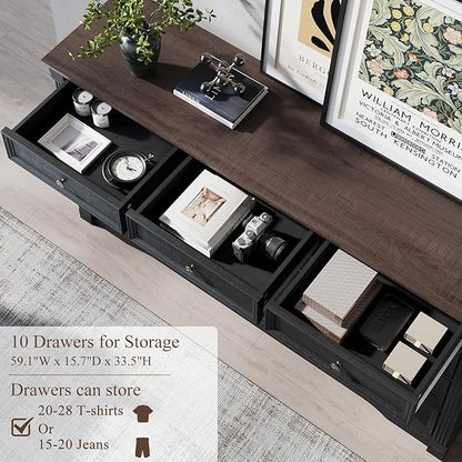 Yaamizz Farmhouse Dresser for Bedroom, 60" Wide 10 Drawer Dressers Storage with Wood Pilasters & Metal Handles, Drawer Organizer for Bedroom, Vintage Design, Hallway, Black