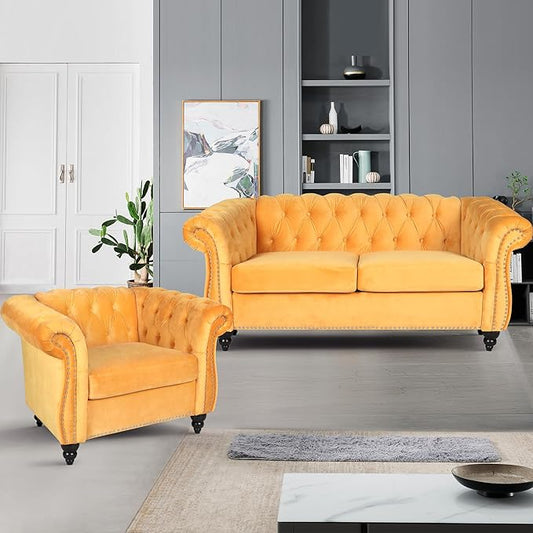 2 Piece Living Room Furniture Set, Velvet Loveseat and Chair Set, Mid Century Modern Upholstered Sofa Couch with Cushions, Comfy Tufted Chesterfield Couches for Living Room, Bedroom, Office