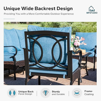 MFSTUDIO 4 Pieces Outdoor Patio Furniture Set, Metal Outdoor Conversation Set, Rattan Wicker Patio Sectional Sofa Set with 2 x Fixed Single Sofa, 3-Seat Sofa, 1 x Coffee Table, Navy Blue