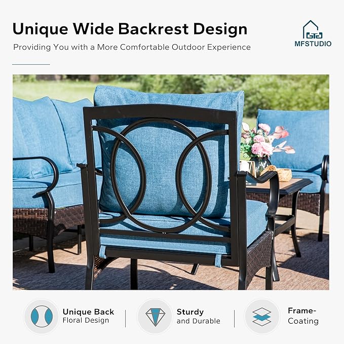 MFSTUDIO 5 PCS Outdoor Patio Furniture Set, Metal Outdoor Conversation Set, Rattan Wicker Patio Sectional Sofa Set with 2 x Swivel Single Sofa, 2-Seat and 3-Seat Sofa, 1 x Coffee Table, Navy Blue