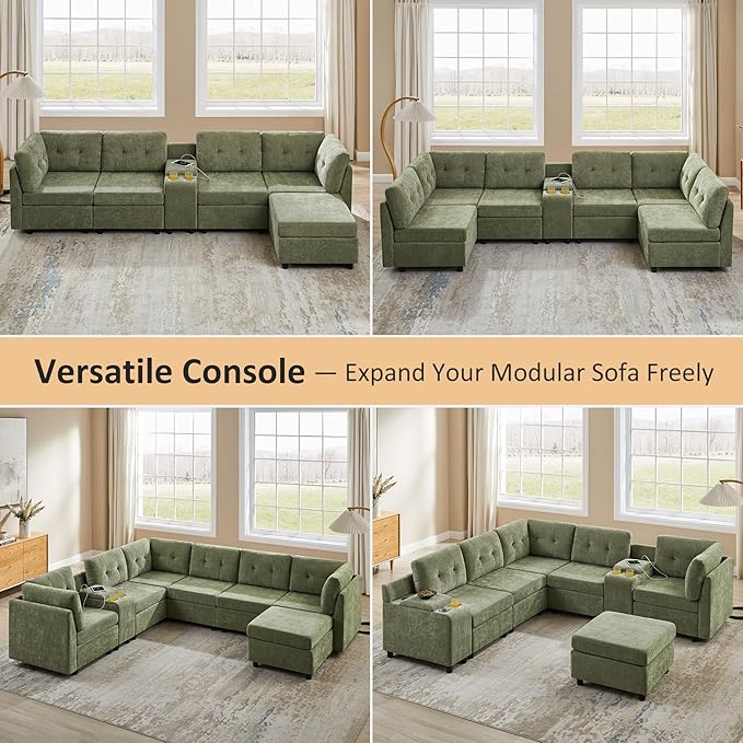 VANOMi 4 Seat Cloud Couches for Living Room with Ottoman, 118" Modular Sectional Sofas & Couches, Cozy Chenille Cloud Sectional Couch Sofa for Apartment, Office, Olive Green, L Shaped