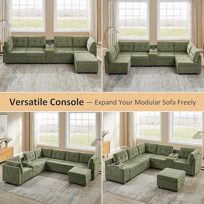 VANOMi 4 Seat Cloud Couches for Living Room with Ottoman, 118" Modular Sectional Sofas & Couches, Cozy Chenille Cloud Sectional Couch Sofa for Apartment, Office, Olive Green, L Shaped