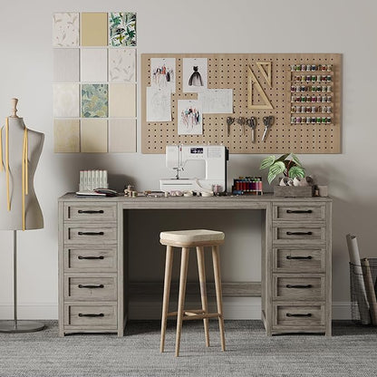 WOPITUES 60" Farmhouse Home Office Desk with 10 Wooden Drawers, Rustic Computer Writing Desk with Power Outlets, Large Executive Desk with Storage Cabinet for Work Study Writing Craft, Wood Grain Gray