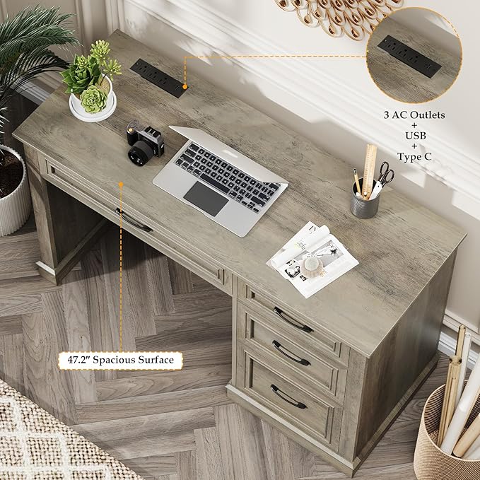 Vabches Farmhouse 47" Executive Desk, Computer Desk with Drawers and File Drawer, Workstation Computer Desk with Charging Station for Home Office,Study,Dark Grey.
