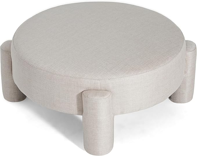 Christopher Knight Home Chobi Round Fully Ottoman Foot Stool, Pouf Footstool Ottoman Seat, Fabric Upholstered Foot Chair, Round Footrest, Modern Side Table for Living Room Bedroom Home Decor, Beige