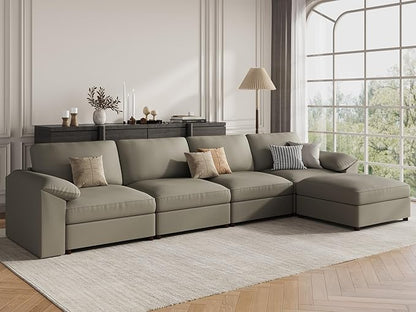 EASE MOOSE Oversized Modular Sectional Sofa,Leather Sectional Couch with Deep Seat,Extra Large L Shaped Couch,Modern Comfy Scratch Resistant Faux Leather Material Sofa,Light Grey