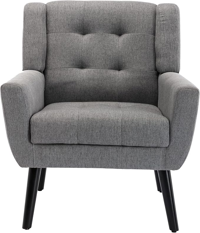 Dolonm Midcentury Modern Accent Chair with Arms, Upholstered Fabric Reading Side Chair Tufted Back Decorative Wingback Chair for Living Room Bedroom (Light Grey)