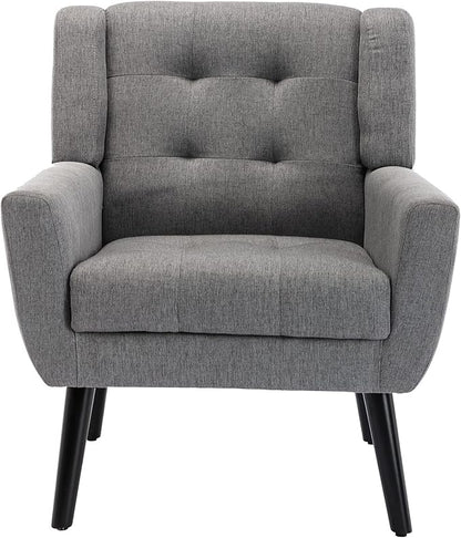 Dolonm Midcentury Modern Accent Chair with Arms, Upholstered Fabric Reading Side Chair Tufted Back Decorative Wingback Chair for Living Room Bedroom (Light Grey)