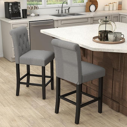 GOTMINSI 24inch Counter Height Bar Stool, Set of 4 Counter Height Chairs for Kitchen Island Upholstered Back Bar Chairs Fabric Barstool with Button Tufted Decoration Leisure Style (Grey)
