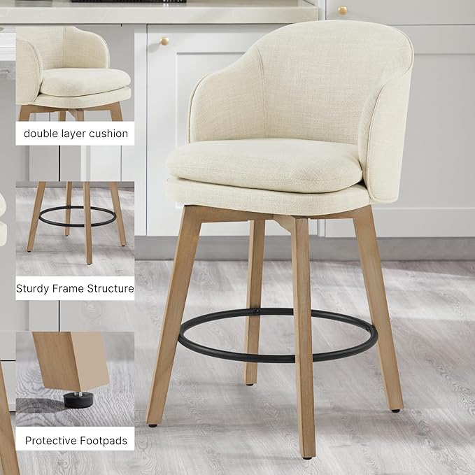 Counter Height Barstools 26 inch Upholstered Swivel Bar Stools with Back and Wood Legs for Kitchen Island,Set of 3,Linen Fabric