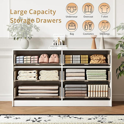 6 Drawers Fluted Dresser for Bedroom, 55" Wide Wooden Dresser with Deep Drawers, Large Floor Chest of Drawers, Modern Long TV Stand, Storage Cabinet Side Table, White