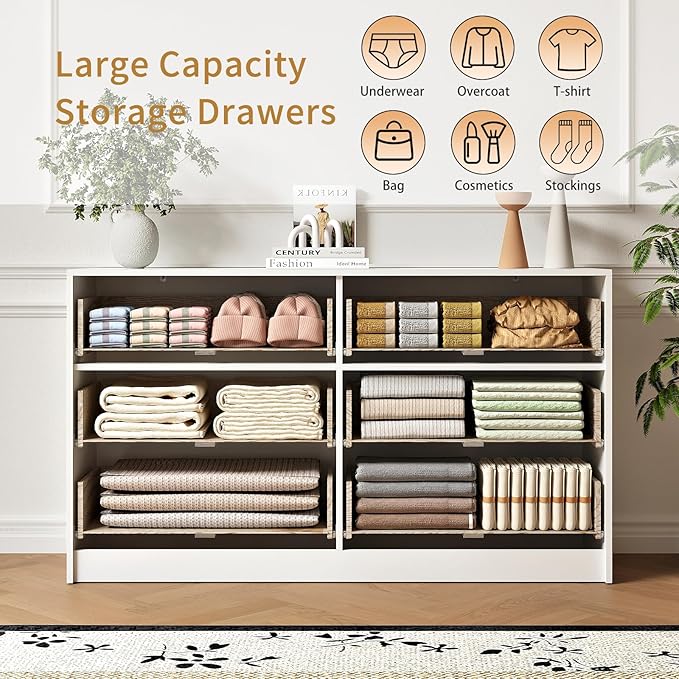 3-Piece Modern Bedroom Furniture Set, Wide 6-Drawer Dresser & 3-Drawer Nightstands Set of 2, Natural Wood Dresser and Nightstand Sets for Bedroom, Hallway, White