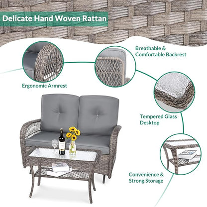 VIVIJASON 2-Piece Patio Wicker Loveseat Glider Set Cushioned, Outdoor Conversation Furniture Sets with 2-Seater Glider Rocking Bench, Coffee Table and Cushions for Porch Garden Poolside, Grey