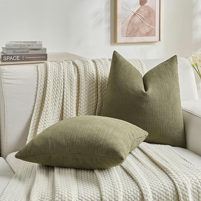 FUTEI Olive Green Decorative Throw Pillow Covers 20x20 Inch Set of 2,Soft Cozy Wheat Ear Striped Patterns Cushion Cases,Modern Home Decor for Couch Bed Living Room