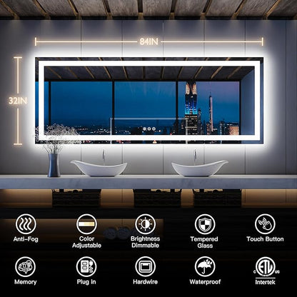 ISKM 84'' x 32'' LED Mirror for Bathroom Lighted Vanity Mirror for Wall Front Lights + Backlit LED Bathroom Mirror Anti-Fog Tempered Glass ETL Listed
