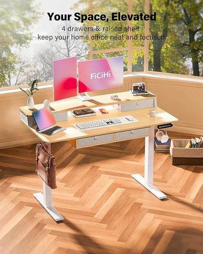 FiCiHi Adjustable Height Standing Desk with 4 Drawers,48 x 24 inches Electric Sit Stand Home Office Desk with Two Tiers, 3 Memory Presets, Monitor Stand Riser