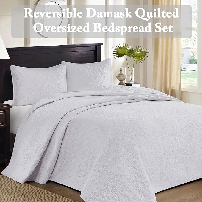 Madison Park Quebec Queen Size Quilt Bedding Set - White , Damask – 3 Piece Bedding Quilt Coverlets – Ultra Soft Microfiber Bed Quilts Quilted Coverlet