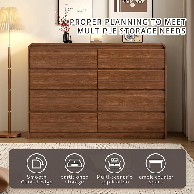 8 Drawer Dresser For Bedroom 55 Inch Wood Chest of Drawers - Curved Anti Collision, Mid Century Dresser For Closet with Natural Texture & Pre-Embedded Slots for TV Stand, Living Room, Nursery