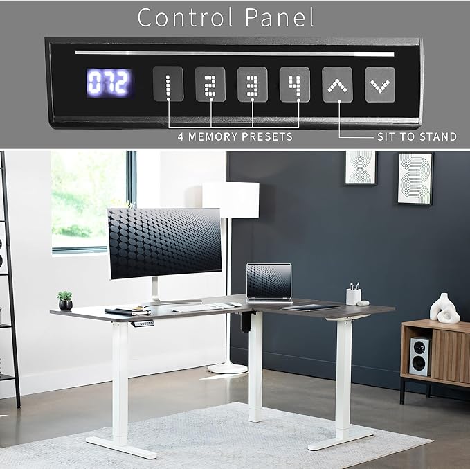 VIVO Corner Standing Desk, 63 x 47 inch Reversible L-Shaped Workstation, Electric Height Adjustment, Home, Office, and Reception Rooms, Dark Gray Table Top White Frame, DESK-E3CTWG-47