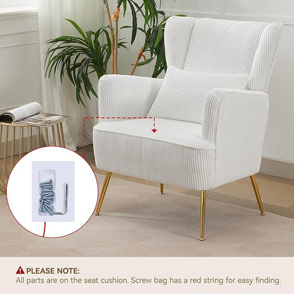 Living Room Chairs Corduroy Accent Armchair with Lumbar Pillow & Gold Leg, 8.5" Thick Cushion, Mid Century Modern High Wingback Bedroom Chairs Upholstered Comfy Sofa Arm Chair, White