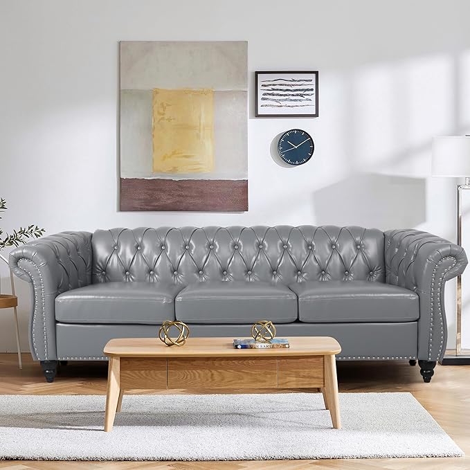 Faux Leather Sofa and Loveseat set, Mid Century Modern Upholstered Couch with Cushions, 2-Piece Home Sofa Living Room Furniture Sets, Comfy Tufted Chesterfield Couches for Bedroom, Office (Grey)
