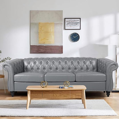 Faux Leather Sofa and Loveseat set, Mid Century Modern Upholstered Couch with Cushions, 2-Piece Home Sofa Living Room Furniture Sets, Comfy Tufted Chesterfield Couches for Bedroom, Office (Grey)