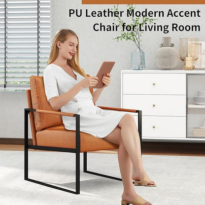 CANMOV Modern Accent Chair Set of 2, PU Leather Armchair with Metal Frame,Comfy Single Reading Chair with Soft Padded Backrest and Cushion for Living Room, Bedroom,Reading Room,Office,Brown
