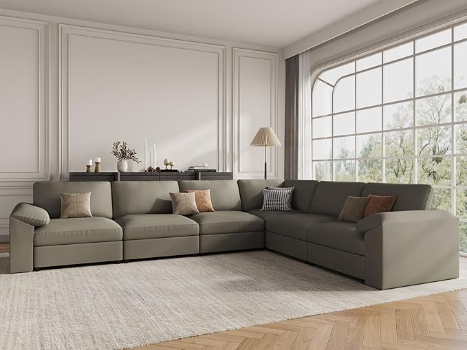 EASE MOOSE Leather Sectional Couch, Oversized Modular Sectional Sofas, Wide Deep Seat Modular Couch, Scratch Resistant Faux Leather Material, L Shaped Sofa for Big Spaces, Light Grey
