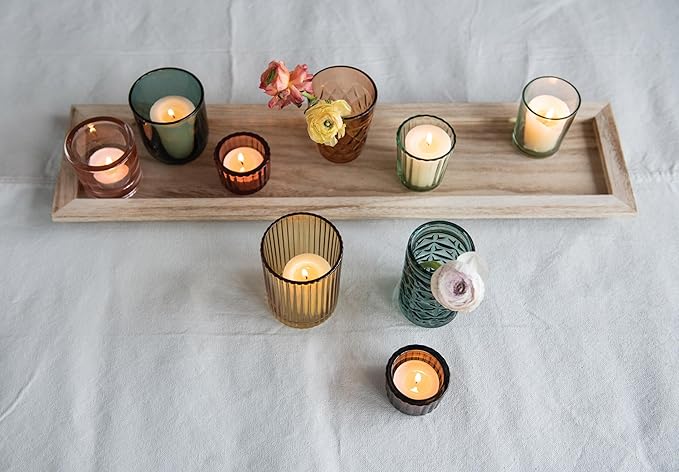 Creative Co-Op Round Glass Votive Holders on Wood Tray, Yellows & Greens, Set of 9