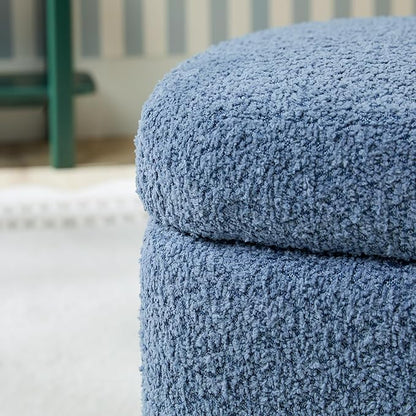 Walker Edison Linley Contemporary Small Storage Bouclé Ottoman with Wood Legs, Soft Blue
