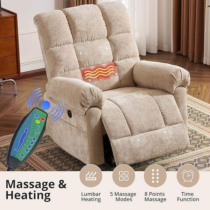 Oversized Power Lift Recliner Chair for Elderly, Electric Lift Chair with Masssage and Heat, Overstuffed Power Recliner for Adults, 3 Positions,USB Ports, Side Pockets,Beige