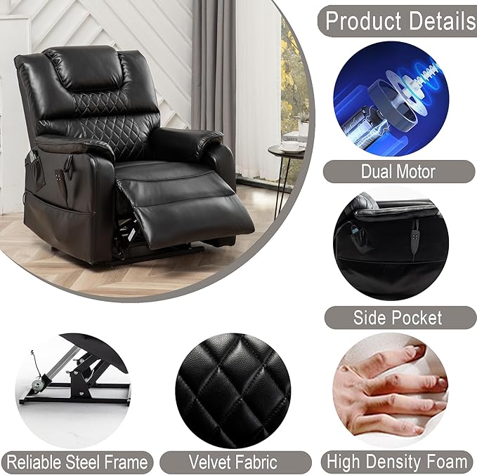 Power Lift Recliner Chair Recliners for Elderly,Lay Flat Air Leather Recliner with Heat and Massage,Dual Motor Lounge Recliners for Living Room