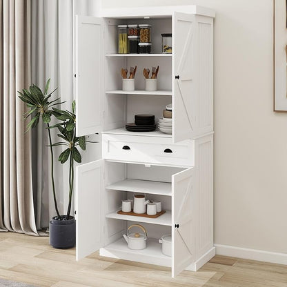 71" Tall Pantry Cabinet with Drawer & 4 Doors, Versatile Storage Cabinet with Adjustable Shelves for Kitchen, Laundry Room, Living Room, Bathroom, White