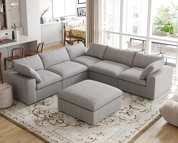 Cloud Modular Sectional Sofa for Livingroom,Large Down Filled Comfort Corner Sectional Sofa Couch with Ottoman,Wide Deep Seat Convertible Couches for Office Apartment,V Shaped,Grey