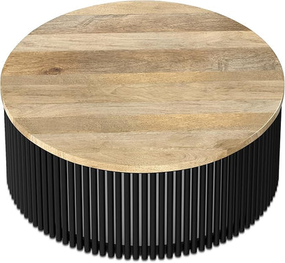 SIMPLIHOME Demy Coffee Table - 35 inch Wide Industrial Contemporary Round Cocktail Table in Natural and Black, Sculptural Living Room Table with Wood Veneer Top and Powder Coated Metal Base, Assembled