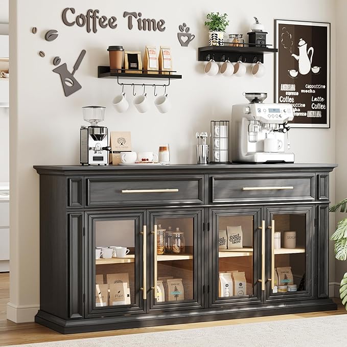 LGHM 63" Sideboard Buffet Cabinet with Drawers, Modern Kitchen Storage Cabinet with Adjustable Shelves and Magnetic Catch Doors, Wood Coffee Bar for Kitchen, Living Room, Black