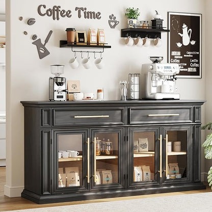 LGHM 63" Sideboard Buffet Cabinet with Drawers, Modern Kitchen Storage Cabinet with Adjustable Shelves and Magnetic Catch Doors, Wood Coffee Bar for Kitchen, Living Room, Black