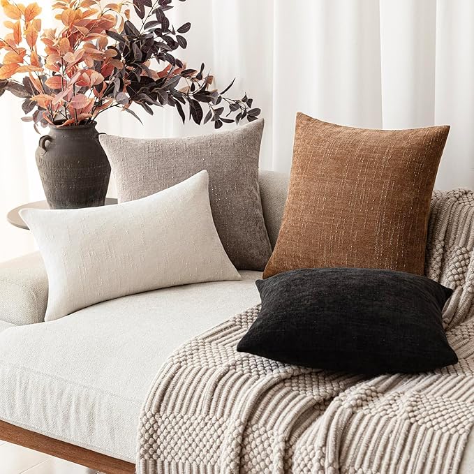 Foindtower Set of 2 Soft Textured Chenille Throw Decorative Pillow Covers Square Accent Solid Cushion Cover Cozy Neutral Farmhouse Pillow Case for Couch Sofa Bedroom Living Room 22x22 Inch,Light Taupe