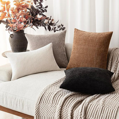 Foindtower Set of 2 Soft Textured Chenille Throw Decorative Pillow Covers Square Accent Solid Cushion Cover Cozy Neutral Farmhouse Pillow Case for Couch Sofa Bedroom Living Room 16x16 Inch,Light Taupe