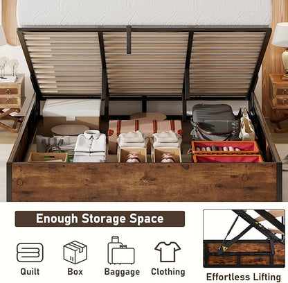Lift Up Storage Bed Frame, King Size Wooden Platform Bed with Large Storage Underneath, No Box Spring Needed, Noise Free, Rustic Brown