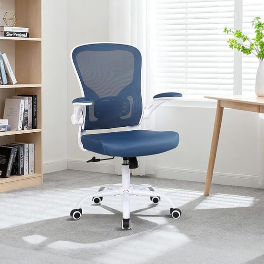 Flysky Ergonomic Office Chair, Mesh Home Office Desk Chair with Flip-up Arms and Lumbar Support, Height Adjustable, Swivel, White & Blue