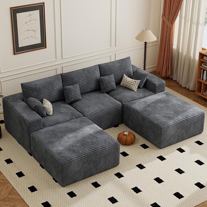 113" Modular Sectional Sofa, Convertible U-Shaped Cloud Couches for Living Room with Ottoman, 5 Seater Corduroy Boneless Couch Sofa Set, No Assembly Required, Grey 1 PCS