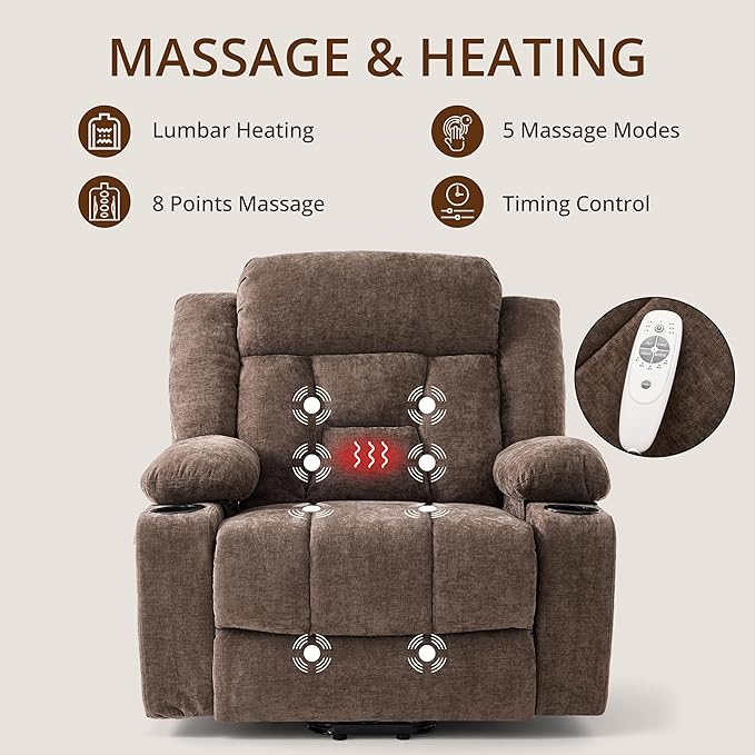 Dual Motor Power Lift Recliner Chair for Elderly, Large Electric Lift Recliner with Massage and Heat, Cup Holders, Side Pocket, Fabric(Brown)
