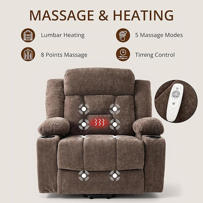 Dual Motor Power Lift Recliner Chair for Elderly, Large Electric Lift Recliner with Massage and Heat, Cup Holders, Side Pocket, Fabric(Brown)