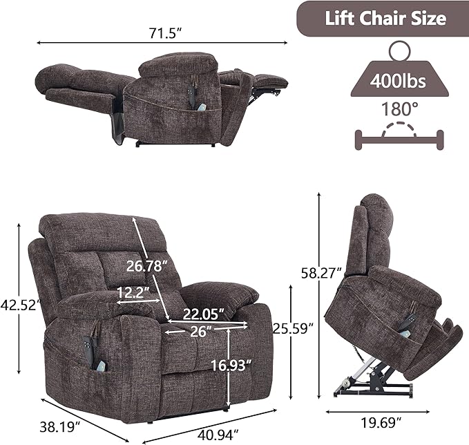Power Lift Chair Lay Flat Recliner Infinite Position Electric Dual Motor Stand Up Lift Chair with Massage and Heat for Adults,Heavy Duty Recliners with 2 Remote Controls and Two Cup Holders
